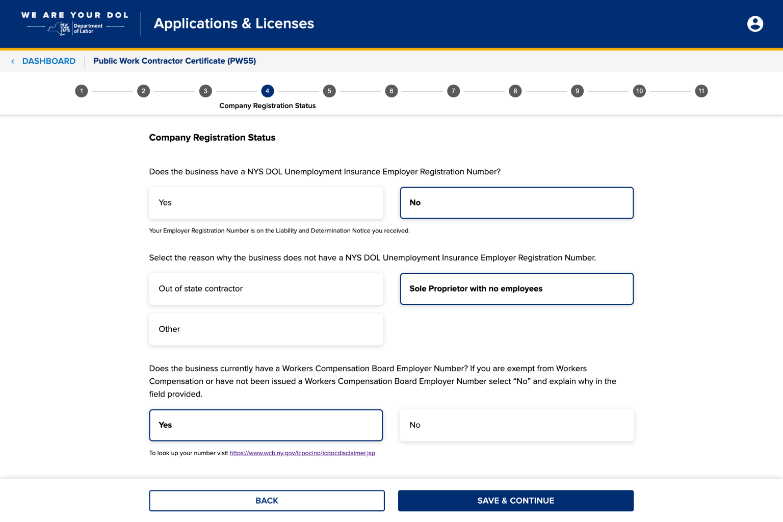 4.7. Enter company registration status