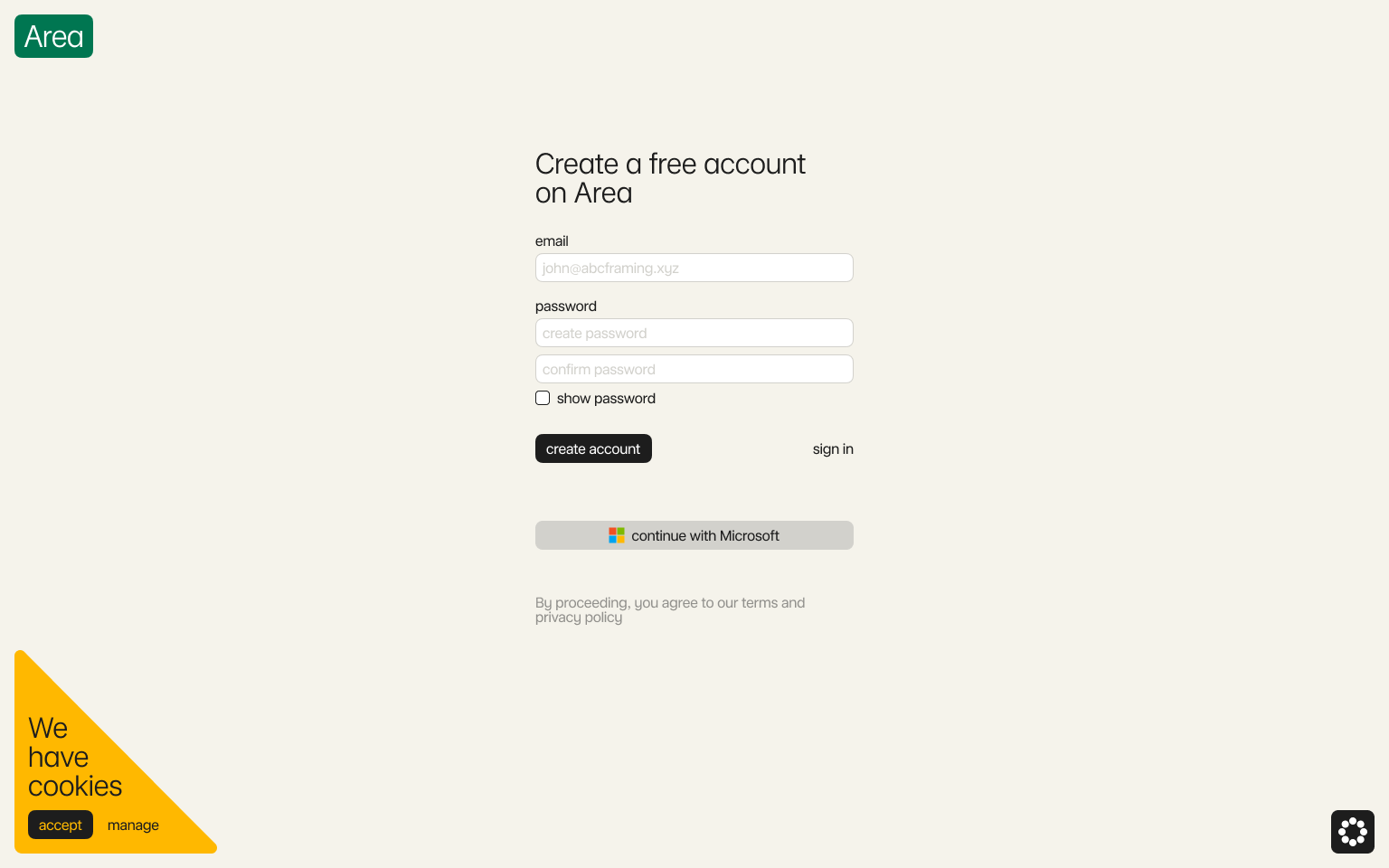 Create a free account on Area