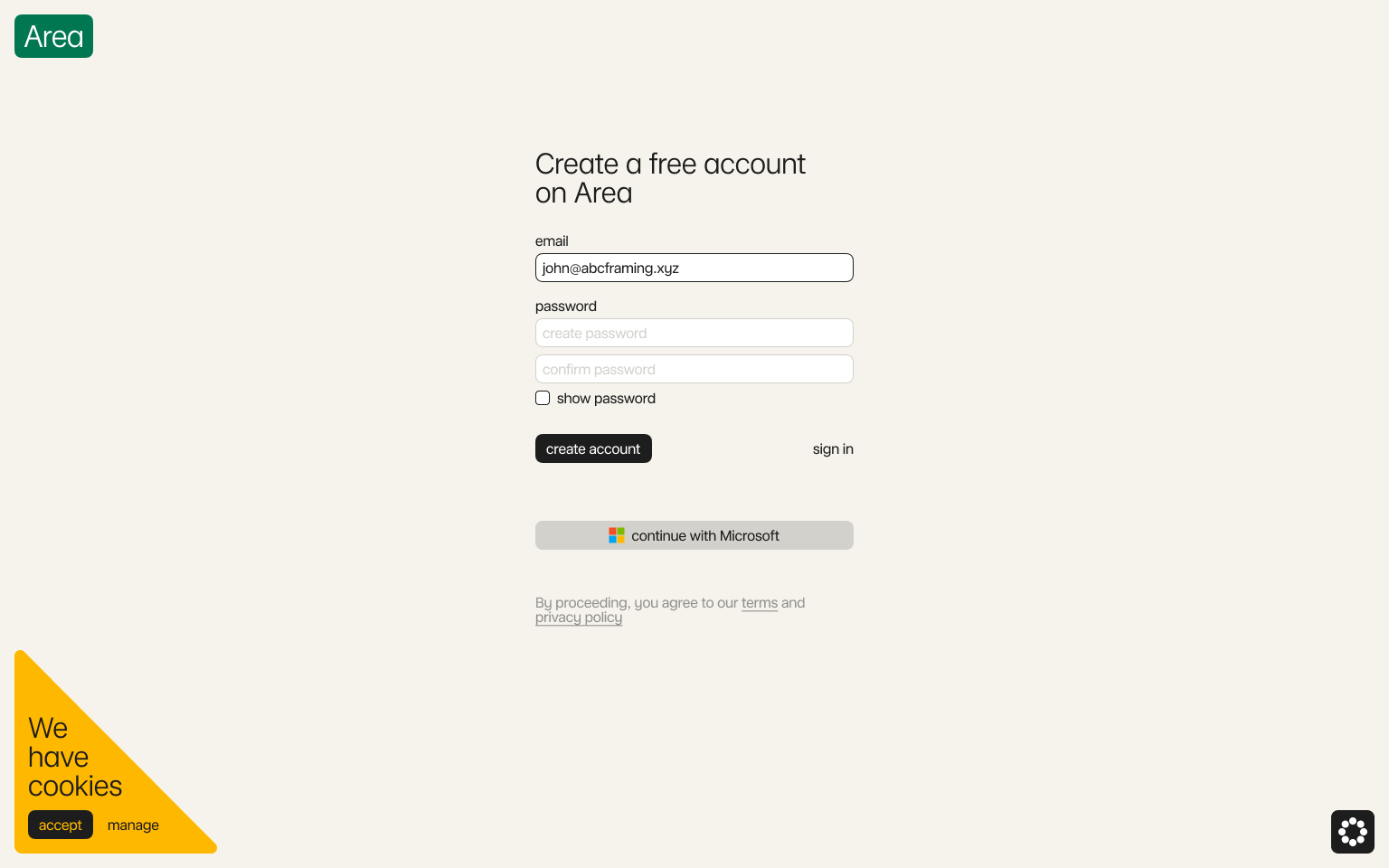Create a free account on Area
