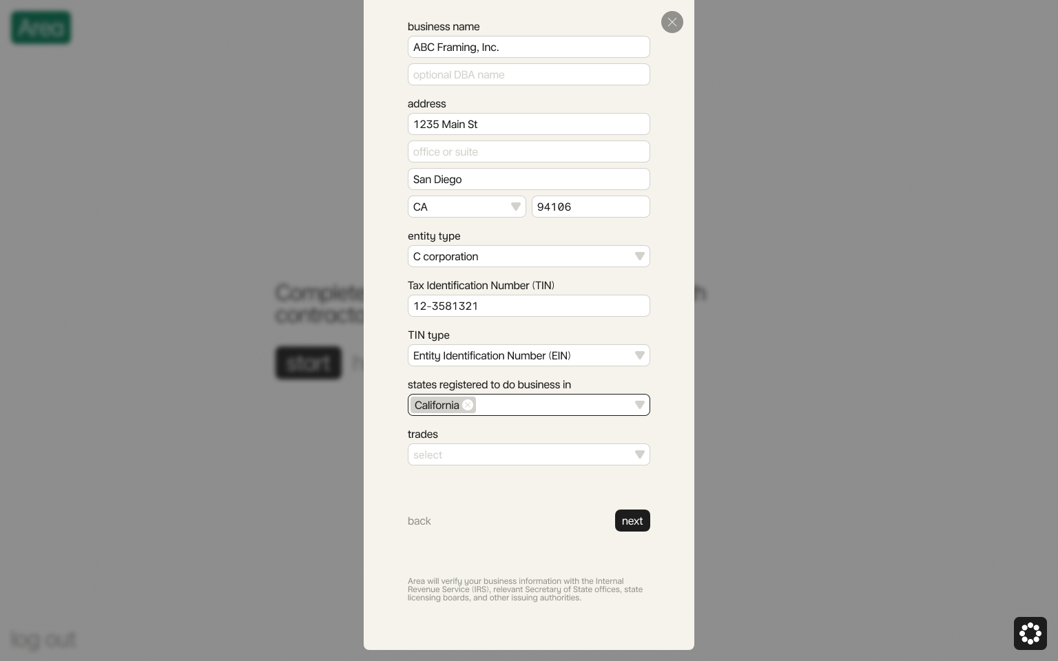 Enter your business information