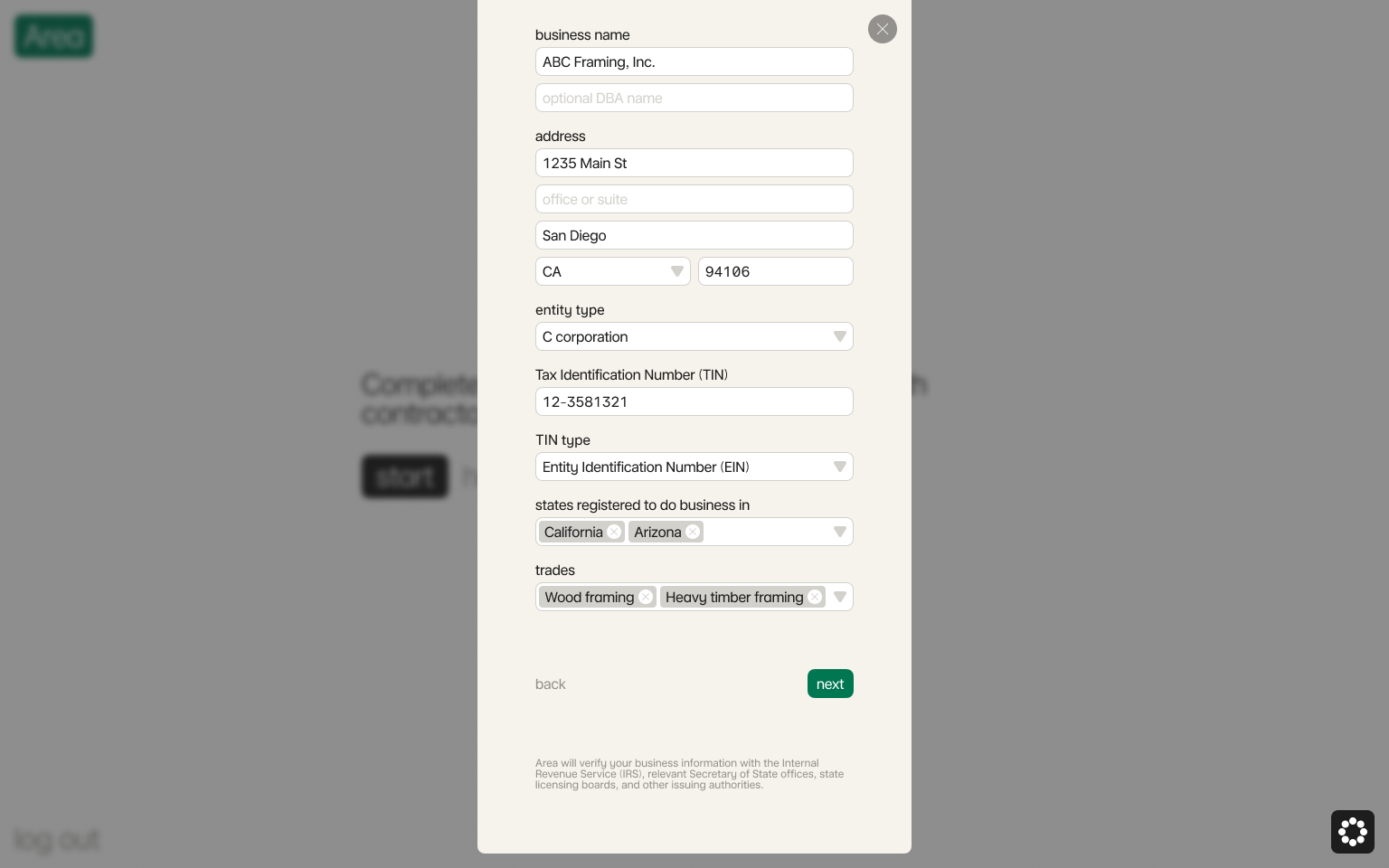 Enter your business information