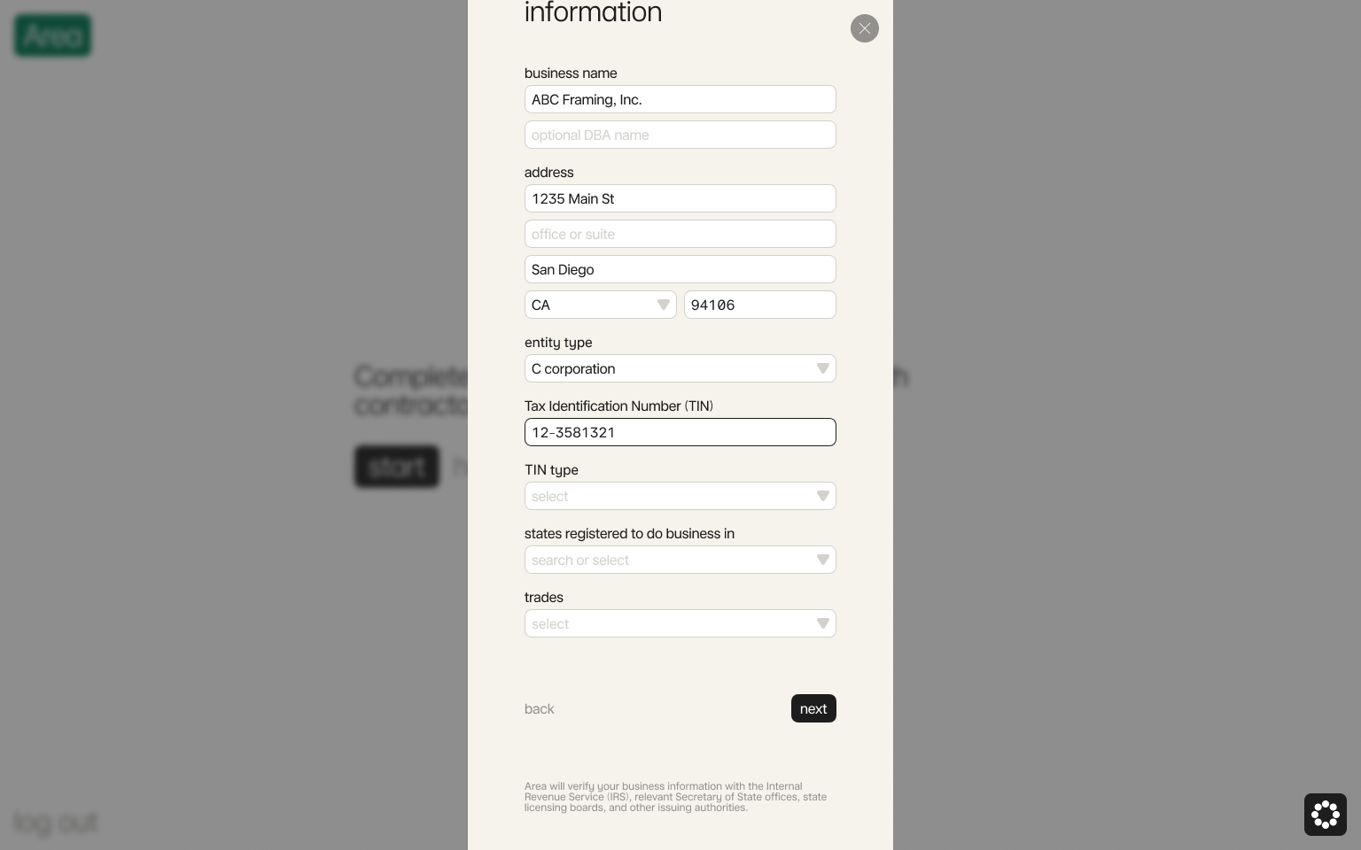 Enter your business information