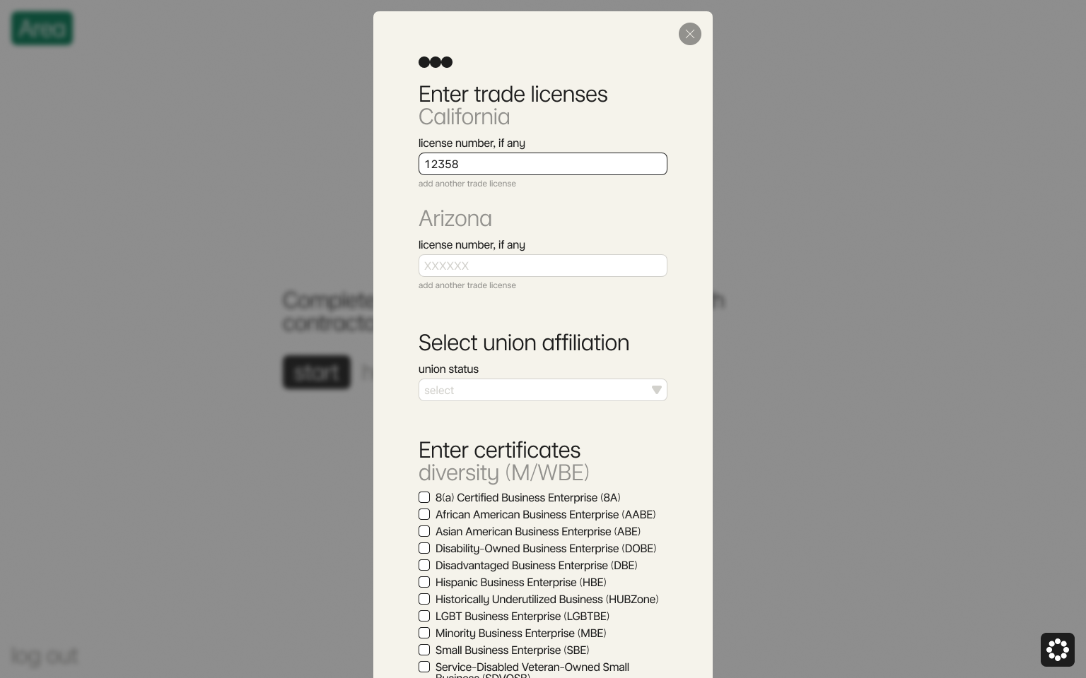 Enter your trade licenses, union affiliation, and certificates